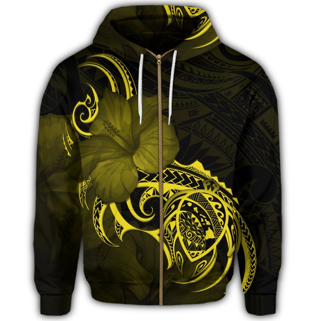 Hawaii Map Turtle Hibiscus Divise Polynesian Zip Hoodie Yellow - Polynesian Pride