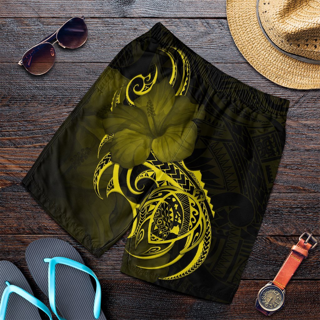 Hawaii Map Turtle Hibiscus Divise Polynesian Men's Shorts Yellow - AH Art - Polynesian Pride