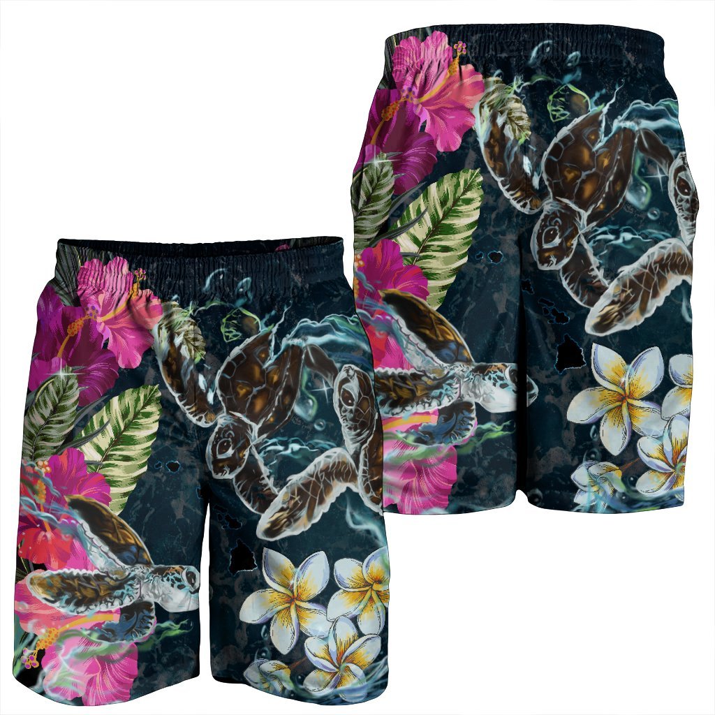 Hawaii Map Turtle Swimming Hibiscus Plumeria Moana Men's Shorts - AH - Polynesian Pride