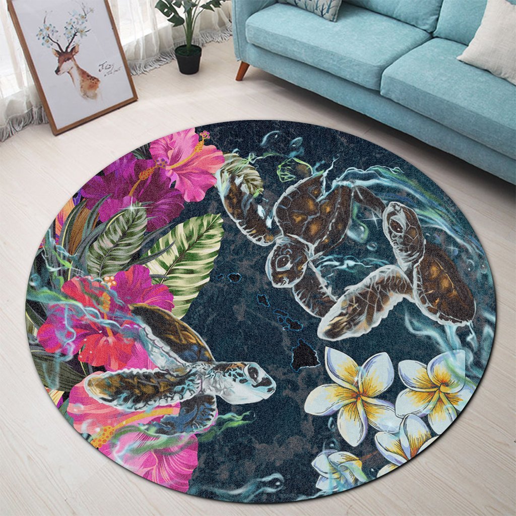 Hawaii Map Turtle Swimming Hibiscus Plumeria Moana Round Carpet - AH - Polynesian Pride