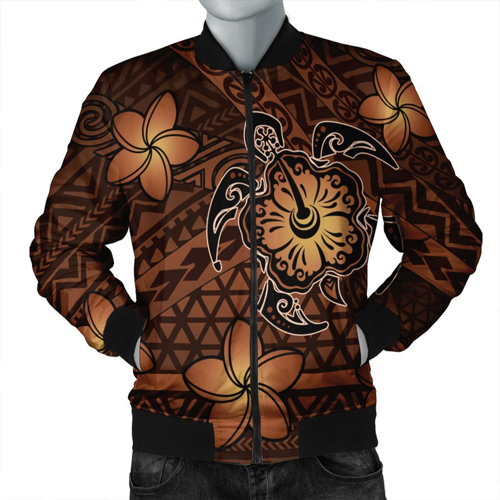 Hawaii Mix Polynesian Turtle Plumeria Bomber Jacket - AH - Nick Style - Orange Black Unisex - Polynesian Pride