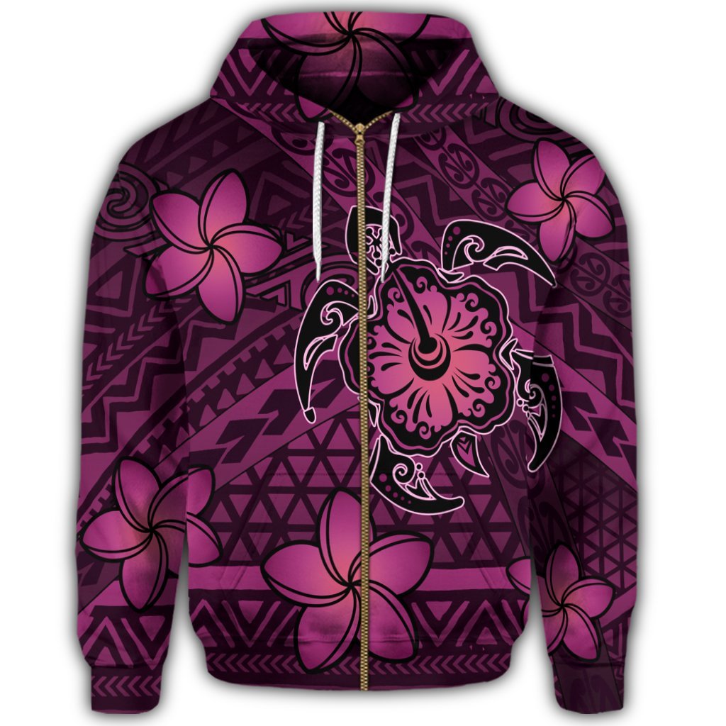 Hawaii Mix Polynesian Turtle Plumeria Zip Hoodie Nick Style Pink - Polynesian Pride