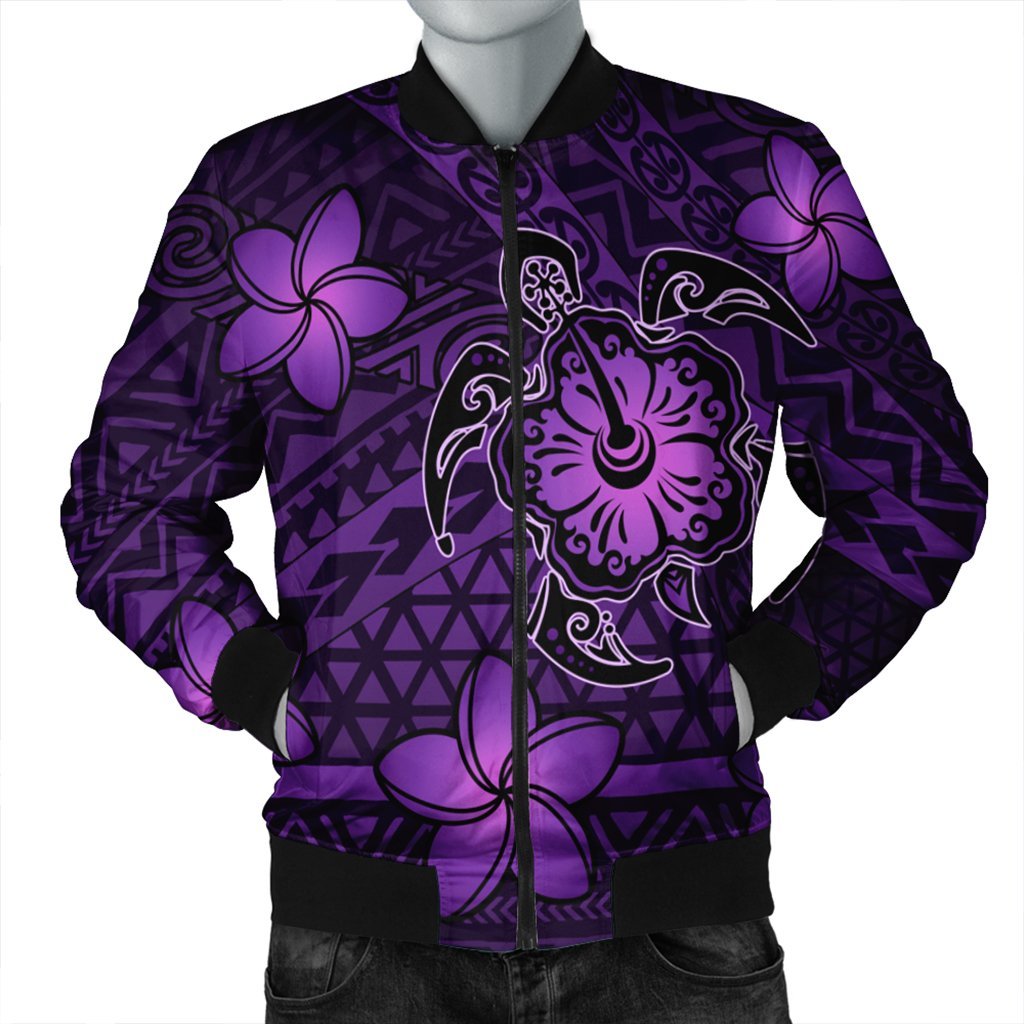 Hawaii Mix Polynesian Turtle Plumeria Bomber Jacket - AH - Nick Style - Purple Black Unisex - Polynesian Pride