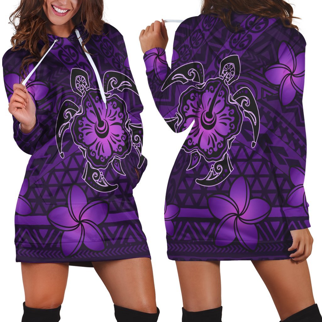 Hawaii Mix Polynesian Turtle Plumeria Hoodie Dress - AH - Nick Style - Purple Black - Polynesian Pride