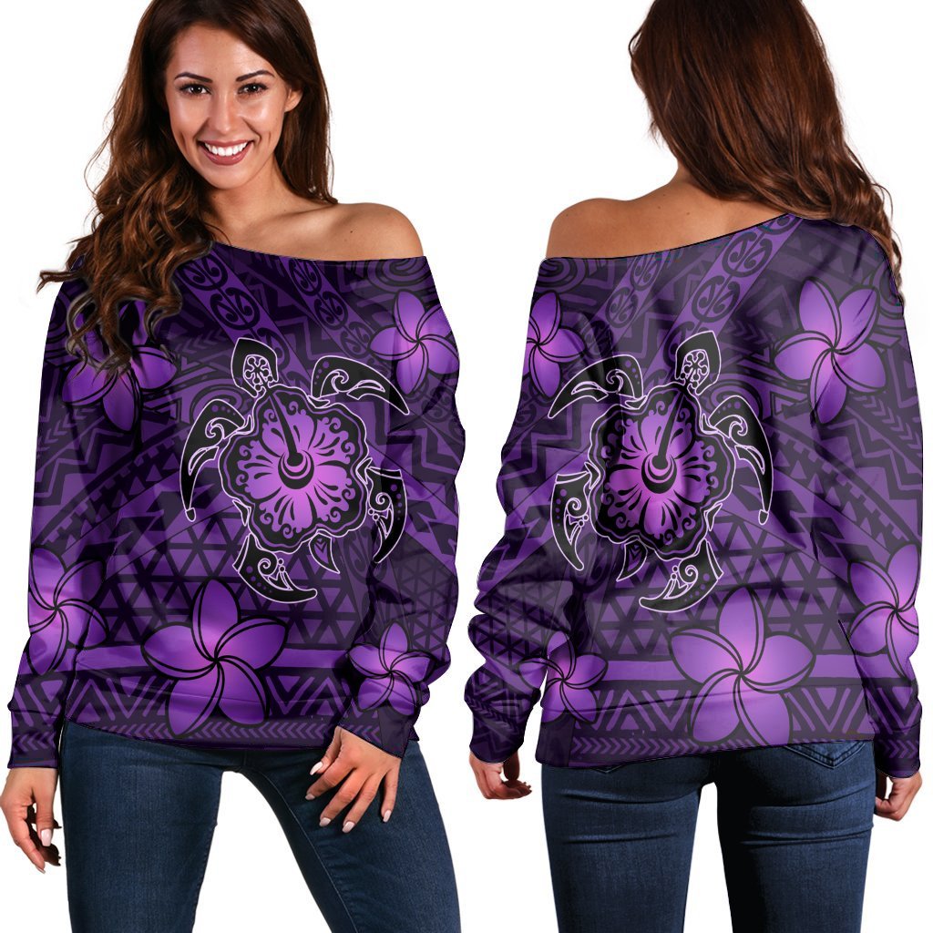 Hawaii Mix Polynesian Turtle Plumeria Women's Off Shoulder Sweater - AH - Nick Style - Purple Black - Polynesian Pride