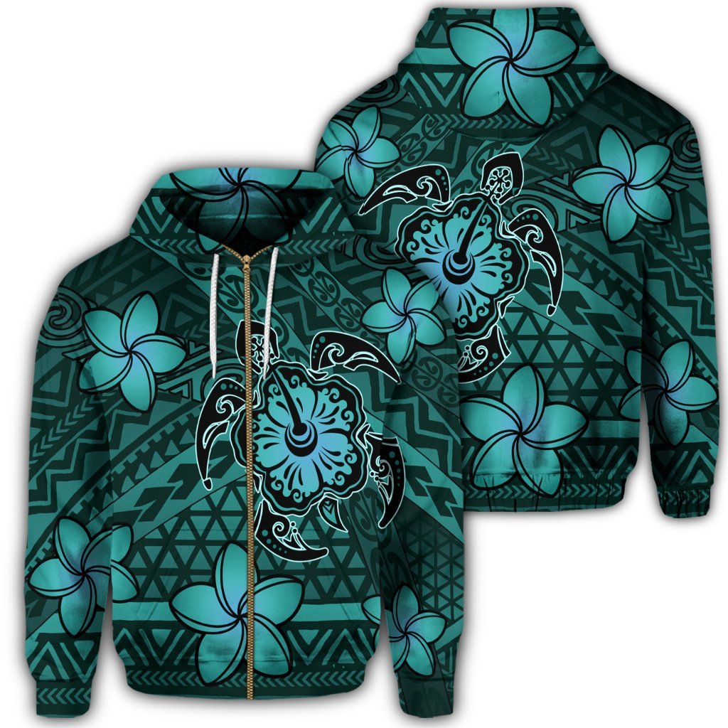 Hawaii Mix Polynesian Turtle Plumeria Zip Hoodie Nick Style Turquoise Unisex Art - Polynesian Pride