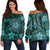 Hawaii Mix Polynesian Turtle Plumeria Women's Off Shoulder Sweater - AH - Nick Style - Turquoise Black - Polynesian Pride