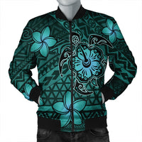 Hawaii Mix Polynesian Turtle Plumeria Bomber Jacket - AH - Nick Style - Turquoise Black Unisex - Polynesian Pride