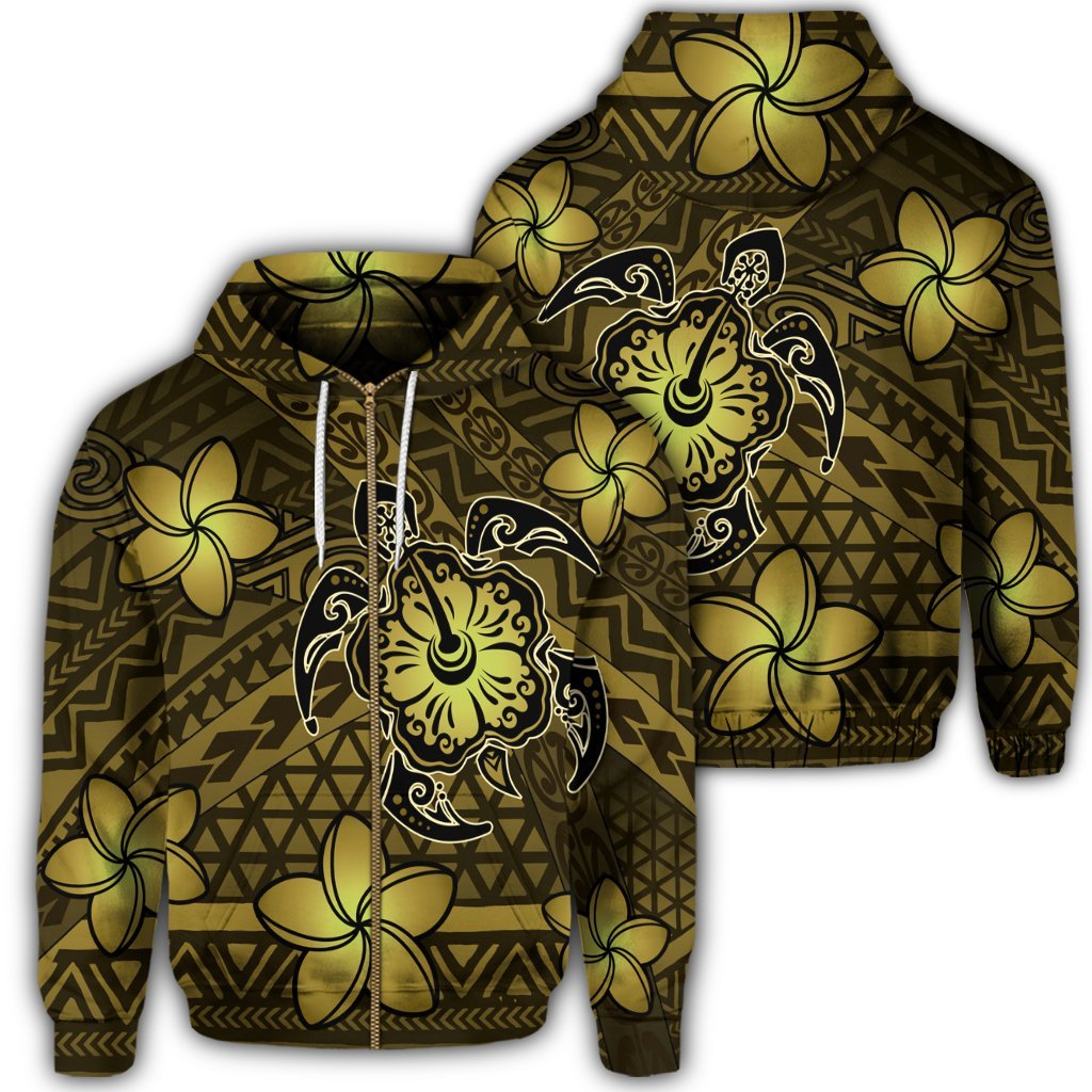 Hawaii Mix Polynesian Turtle Plumeria Zip Hoodie Nick Style Yellow Unisex Art - Polynesian Pride