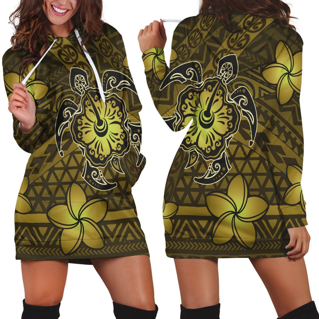 Hawaii Mix Polynesian Turtle Plumeria Hoodie Dress - AH - Nick Style - Yellow Black - Polynesian Pride