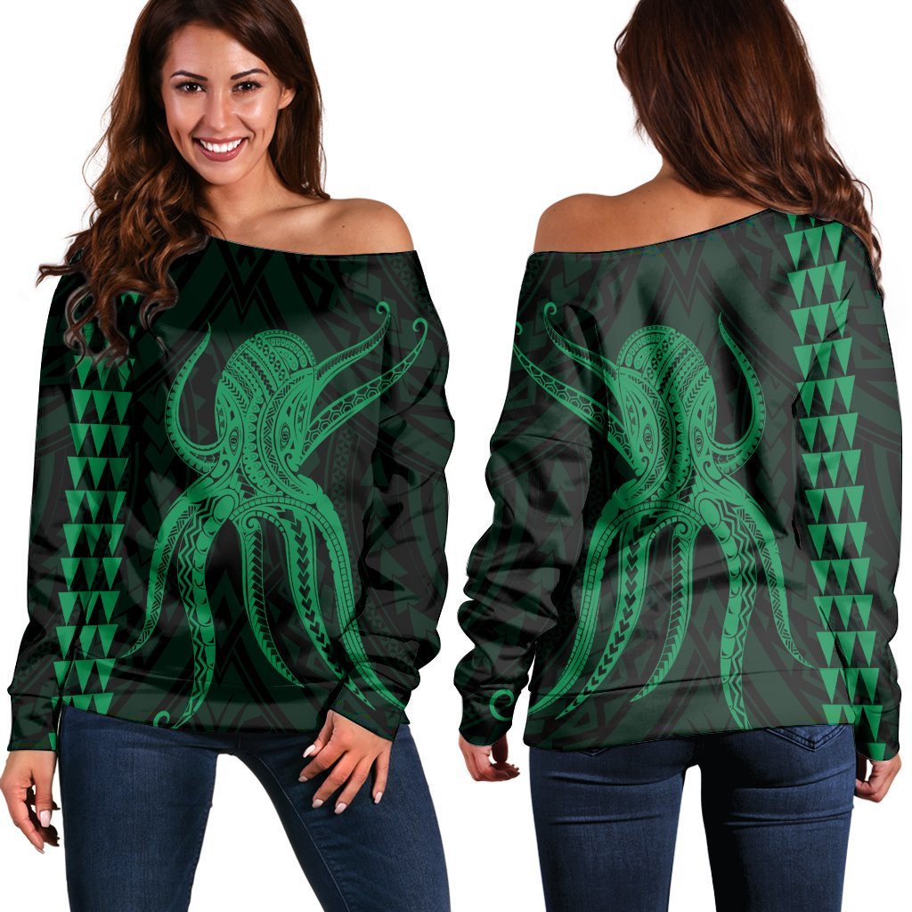 Hawaii Octopus KaKau Polynesian Women's Off Shoulder Sweater - Green - AH Black - Polynesian Pride