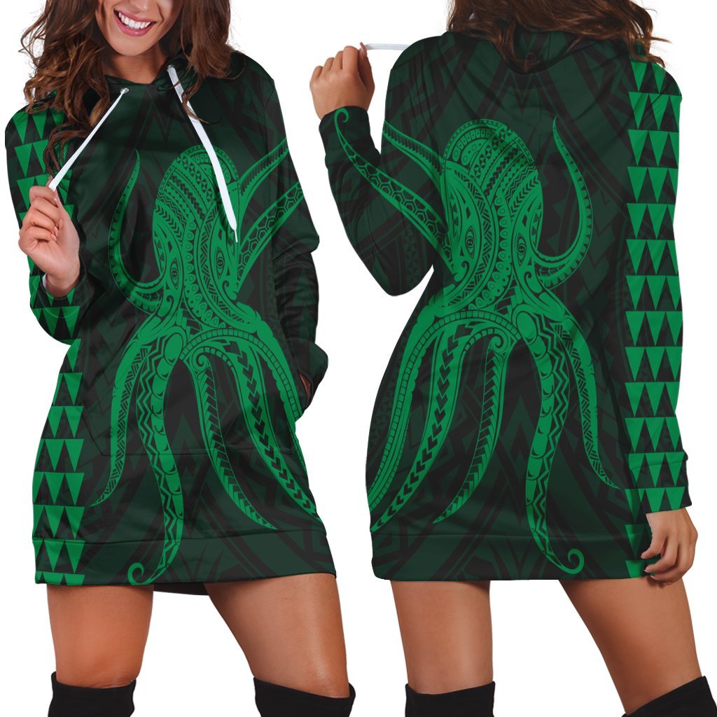 Hawaii Octopus KaKau Polynesian Hoodie Dress - Green - AH Black - Polynesian Pride