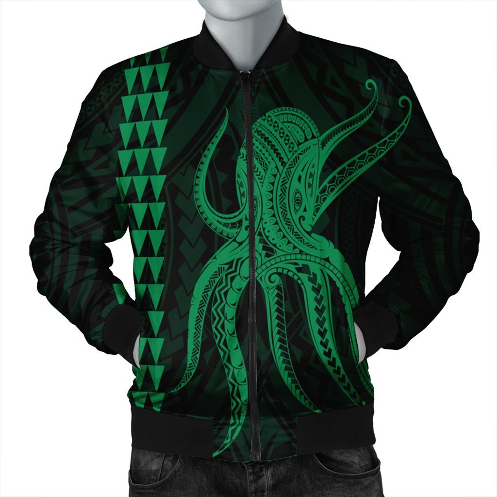 Hawaii Octopus KaKau Polynesian Bomber Jacket - Green - AH Black Unisex - Polynesian Pride