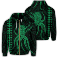 Hawaii Octopus KaKau Polynesian Zip Hoodie Green Unisex Art - Polynesian Pride