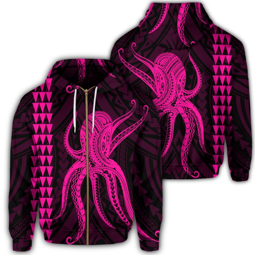 Hawaii Octopus KaKau Polynesian Zip Hoodie Pink Unisex Art - Polynesian Pride