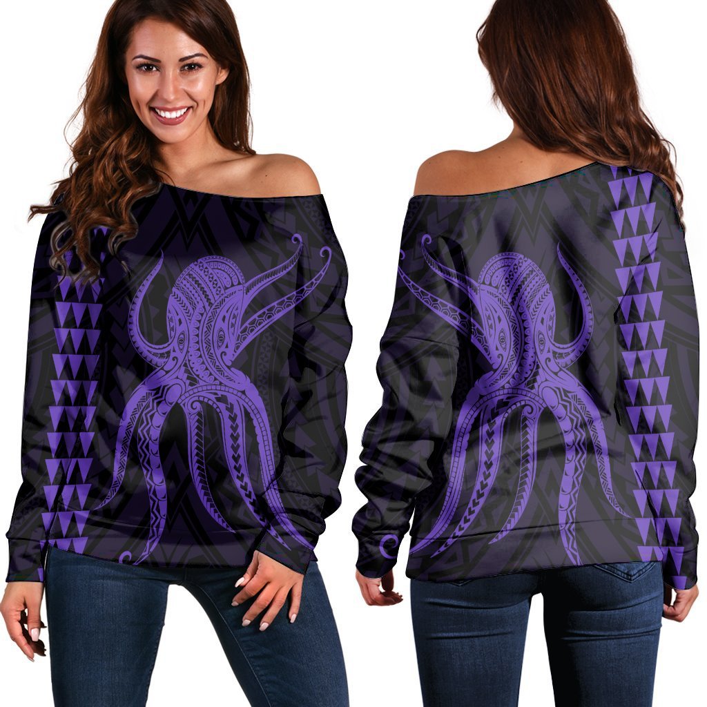 Hawaii Octopus KaKau Polynesian Women's Off Shoulder Sweater - Purple - AH Black - Polynesian Pride