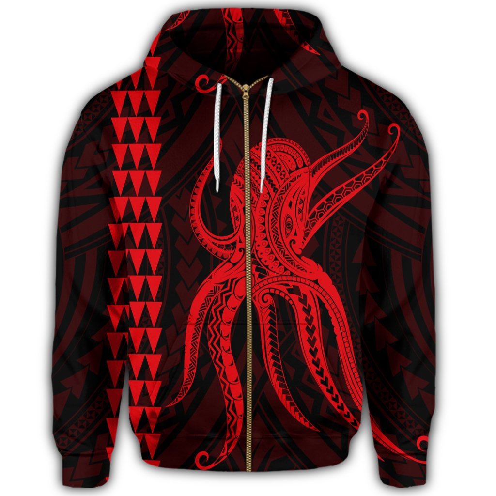 Hawaii Octopus KaKau Polynesian Zip Hoodie Red Unisex Art - Polynesian Pride