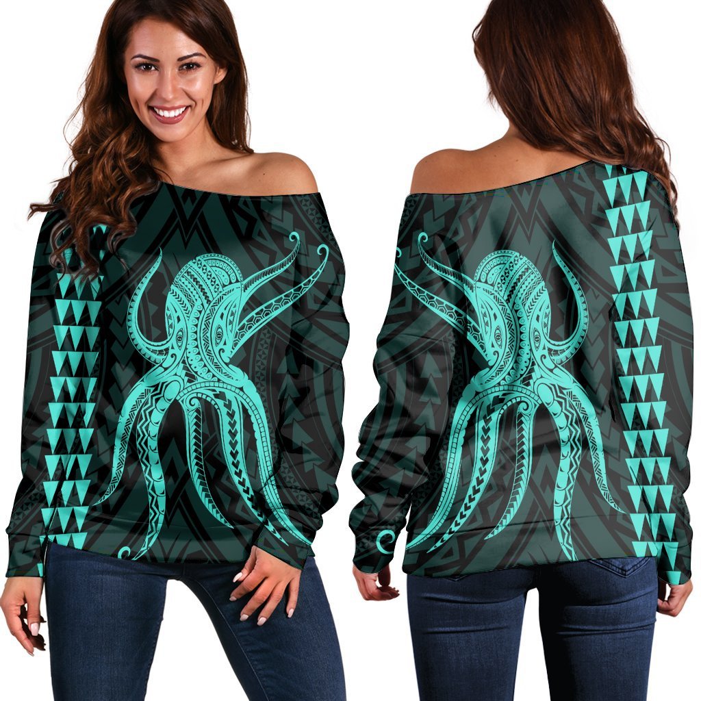 Hawaii Octopus KaKau Polynesian Women's Off Shoulder Sweater - Turquoise - AH Black - Polynesian Pride