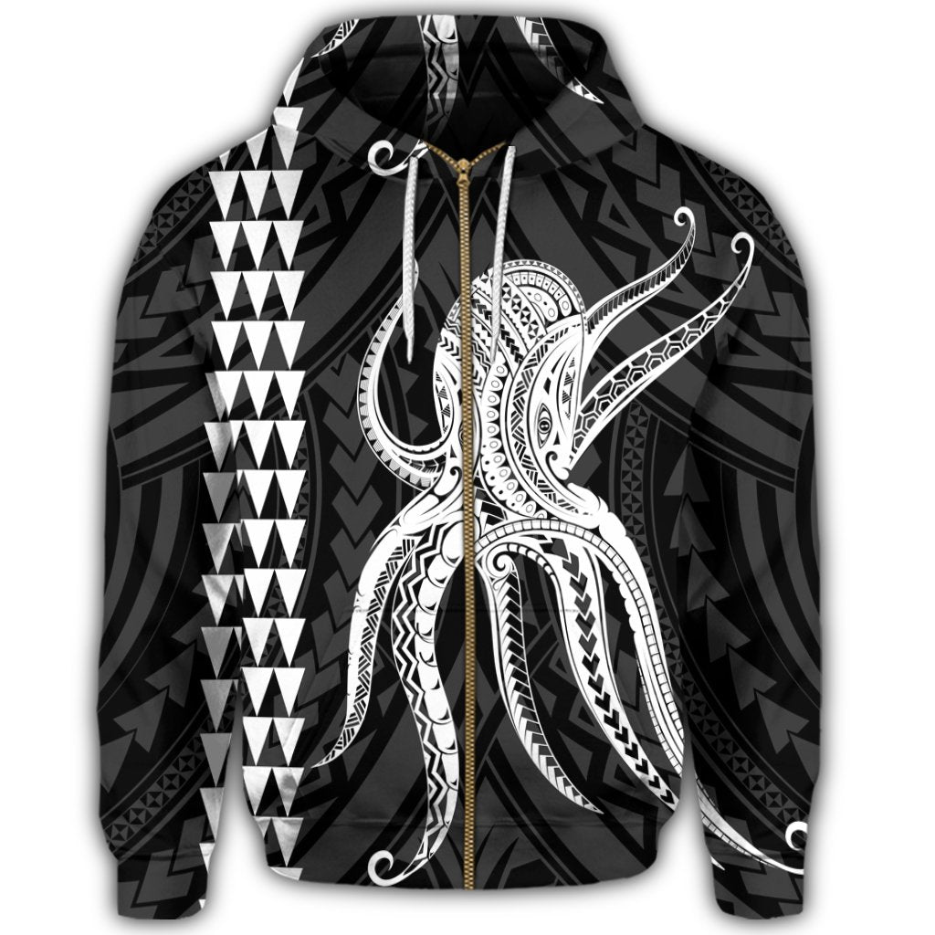Hawaii Octopus KaKau Polynesian Zip Hoodie White - Polynesian Pride