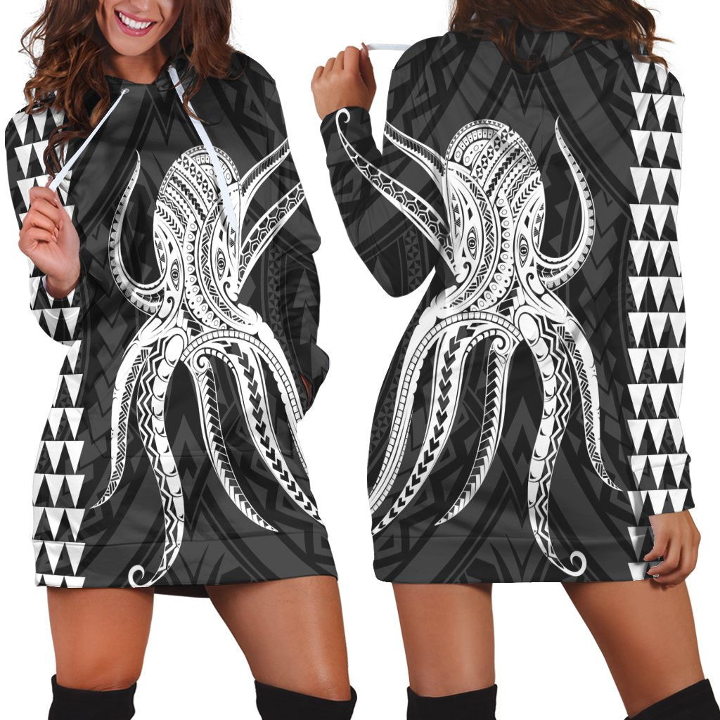 Hawaii Octopus KaKau Polynesian Hoodie Dress - White - AH Black - Polynesian Pride