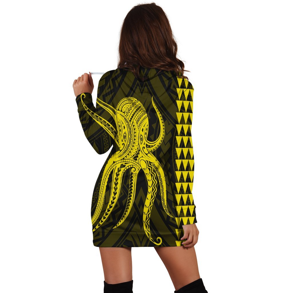Hawaii Octopus KaKau Polynesian Hoodie Dress - Yellow - AH - Polynesian Pride