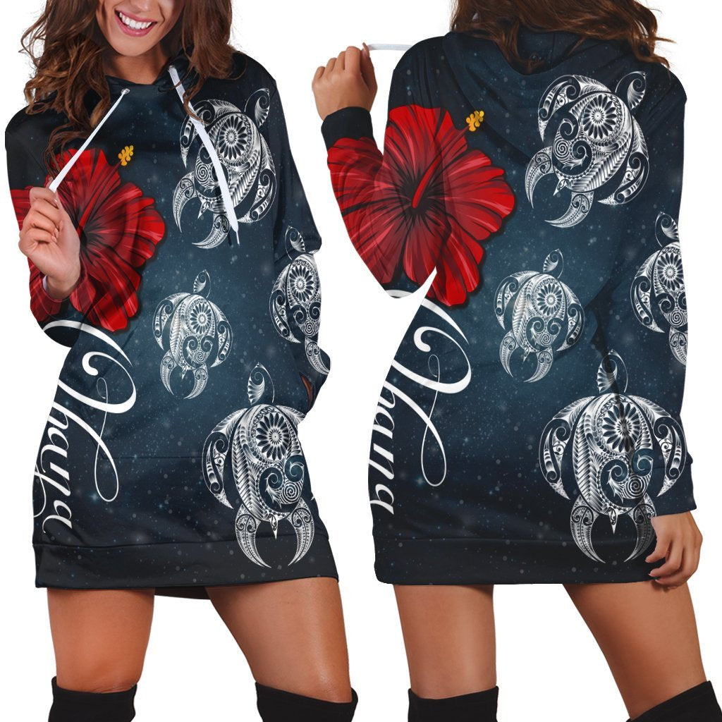 Hawaii Ohana Turtle Hibiscus Galaxy Hoodie Dress - AH Black - Polynesian Pride