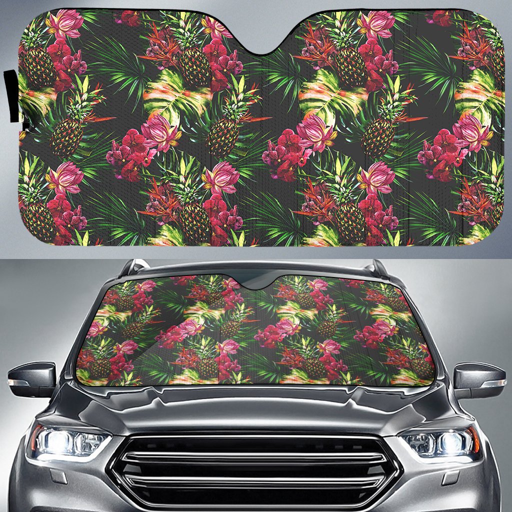 Hawaii Palm Leaves Pineapples Jungle Leaf Hawaii Car Sun Shade Auto Sun Shade Universal Fit White - Polynesian Pride