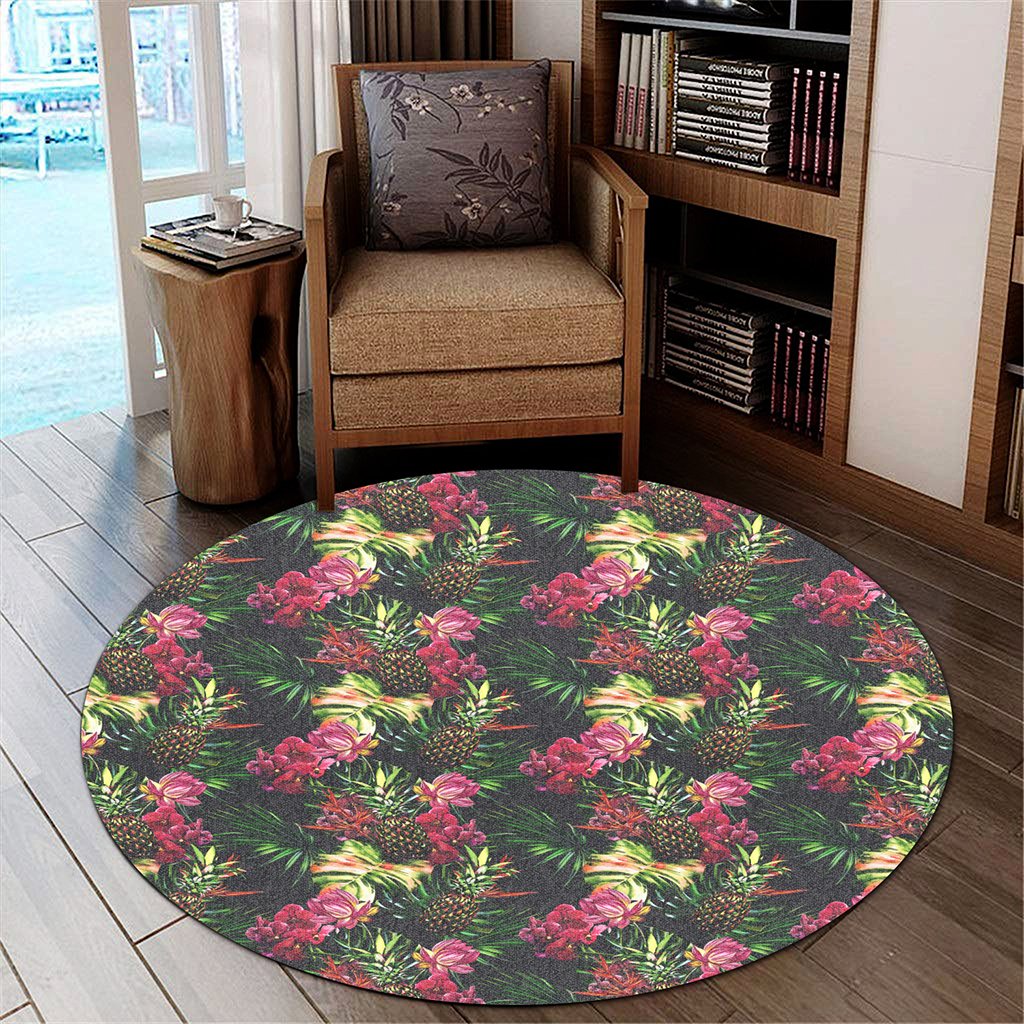 Hawaii Palm Leaves Pineapples Jungle Leaf Round Carpet - AH Round Carpet Luxurious Plush - Polynesian Pride