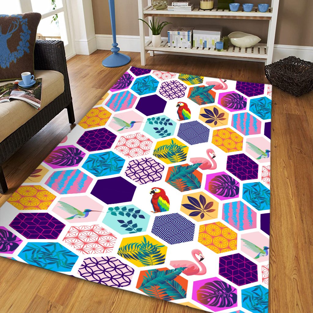 Hawaii Parrot Toucans Hummingbird Flamingo tropical Leaves Area Rug - AH - Polynesian Pride