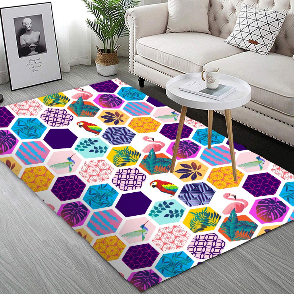 Hawaii Parrot Toucans Hummingbird Flamingo tropical Leaves Area Rug - AH - Polynesian Pride