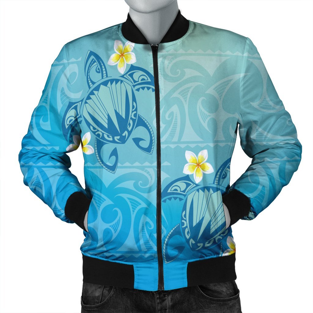 Hawaii Plumeria Deep Blue Turtle Bomber Jacket - AH Black Unisex - Polynesian Pride