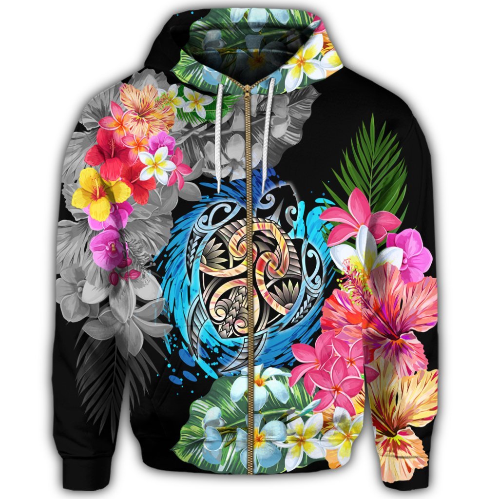 Hawaii Plumeria Hibiscus Wave Turtle Zip Hoodie - Polynesian Pride