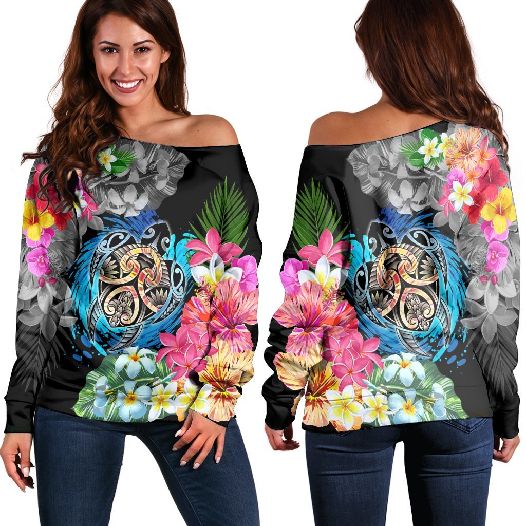 Hawaii Plumeria Hibiscus Wave Turtle Women's Off Shoulder Sweater - AH Black - Polynesian Pride