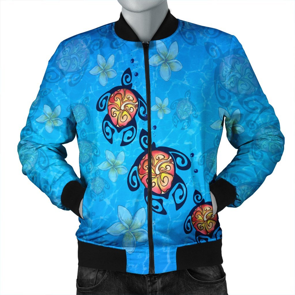 Hawaii Plumeria Turtle In The Ocean Bomber Jacket - AH - John Style Black Unisex - Polynesian Pride