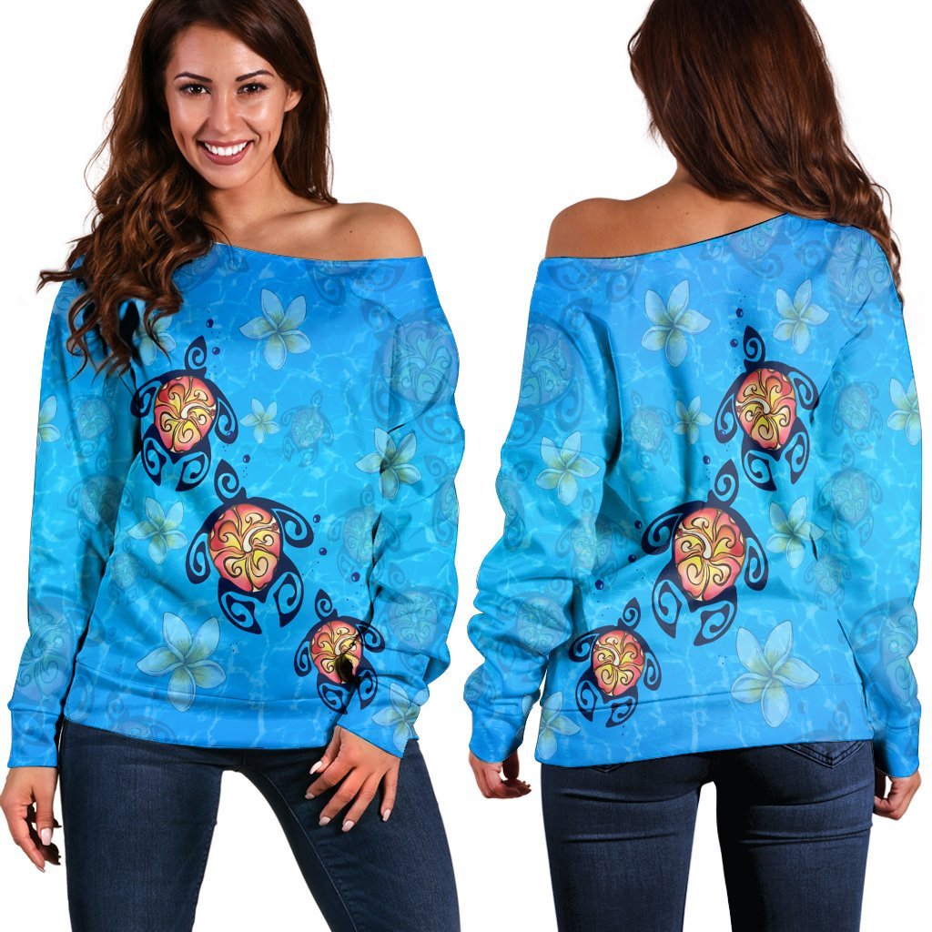 Hawaii Plumeria Turtle In The Ocean Women's Off Shoulder Sweater - AH - John Style Black - Polynesian Pride