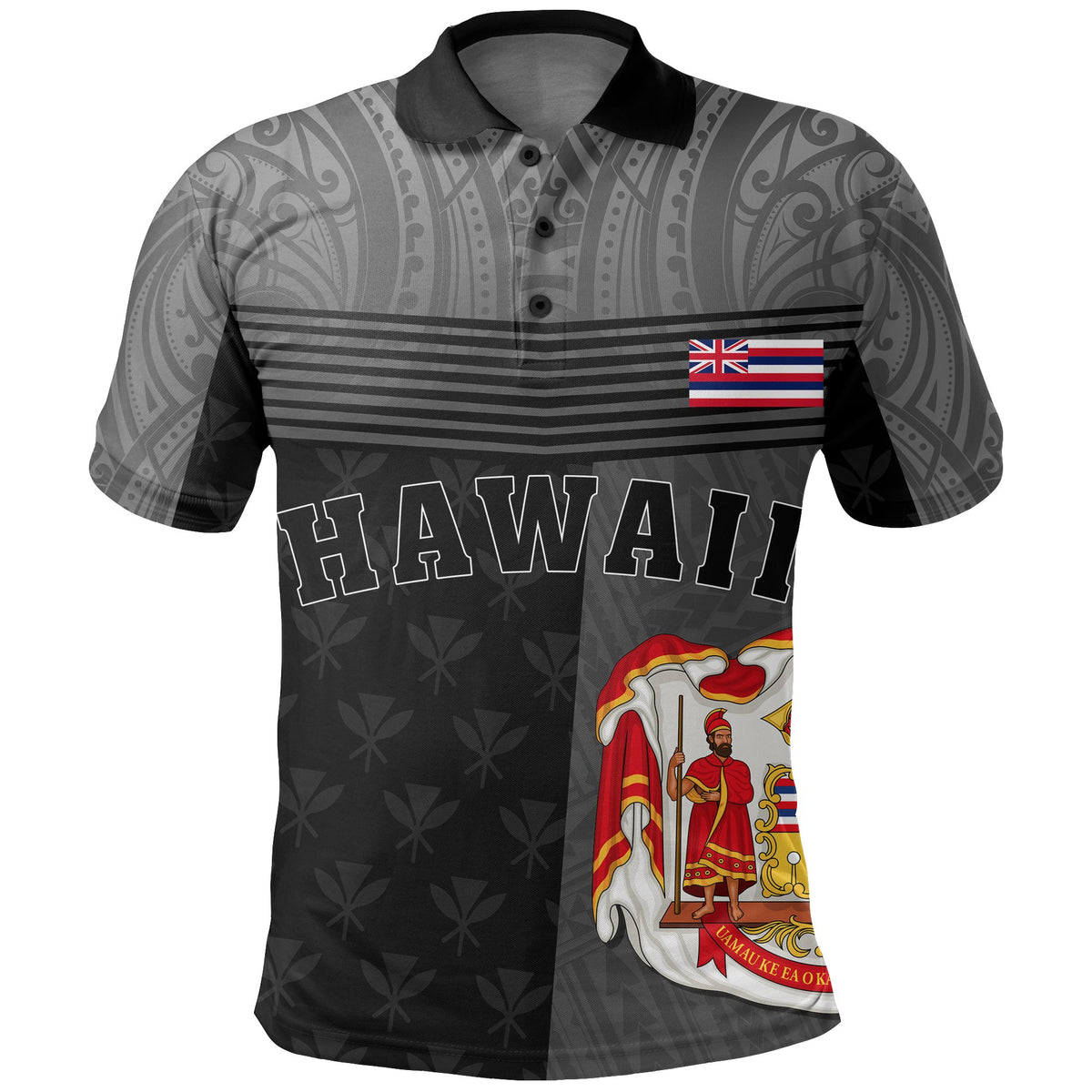 Hawaii King State Polynesian Polo Shirt Gray Mult AH - Polynesian Pride