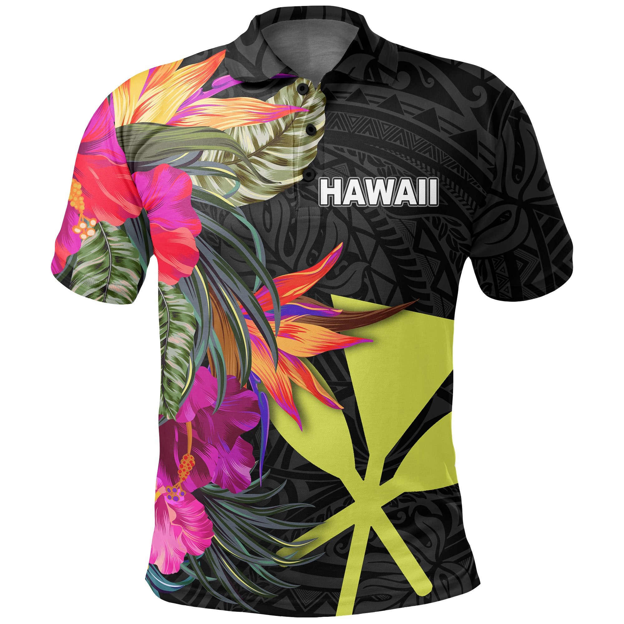 Hawaii Polo Shirt Hibiscus Polynesian Pattern Unisex Black - Polynesian Pride