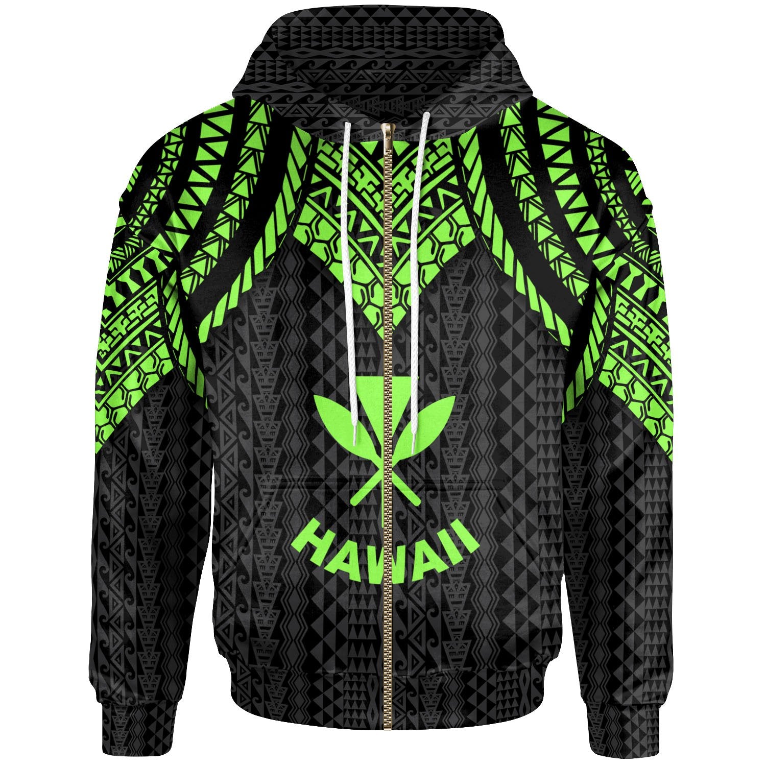 Hawaii Zip up Hoodie Polynesian Armor Style Green Green - Polynesian Pride