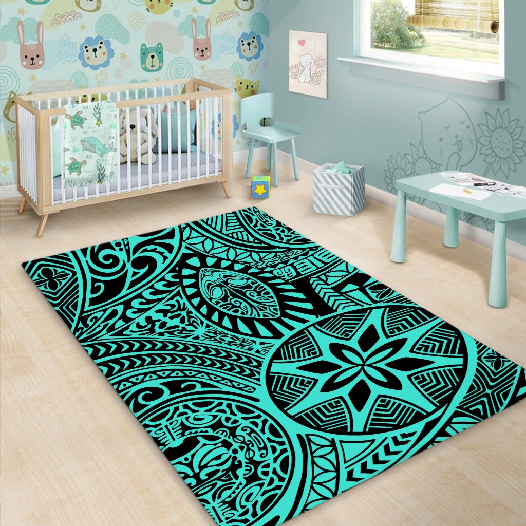 Hawaii Polynesian Hawaiian Style Tribal Tattoo Turquoise Area Rug - AH - Polynesian Pride