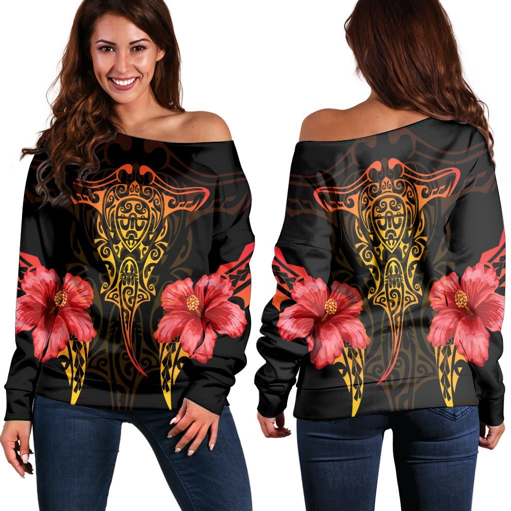 Hawaii Polynesian Hibiscus Animal Women's Off Shoulder Sweater - AH Black - Polynesian Pride