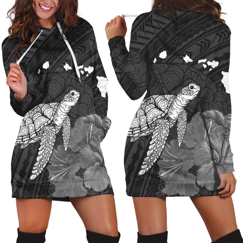 Hawaii Polynesian Hibiscus Turtle Map Hoodie Dress - AH Black - Polynesian Pride