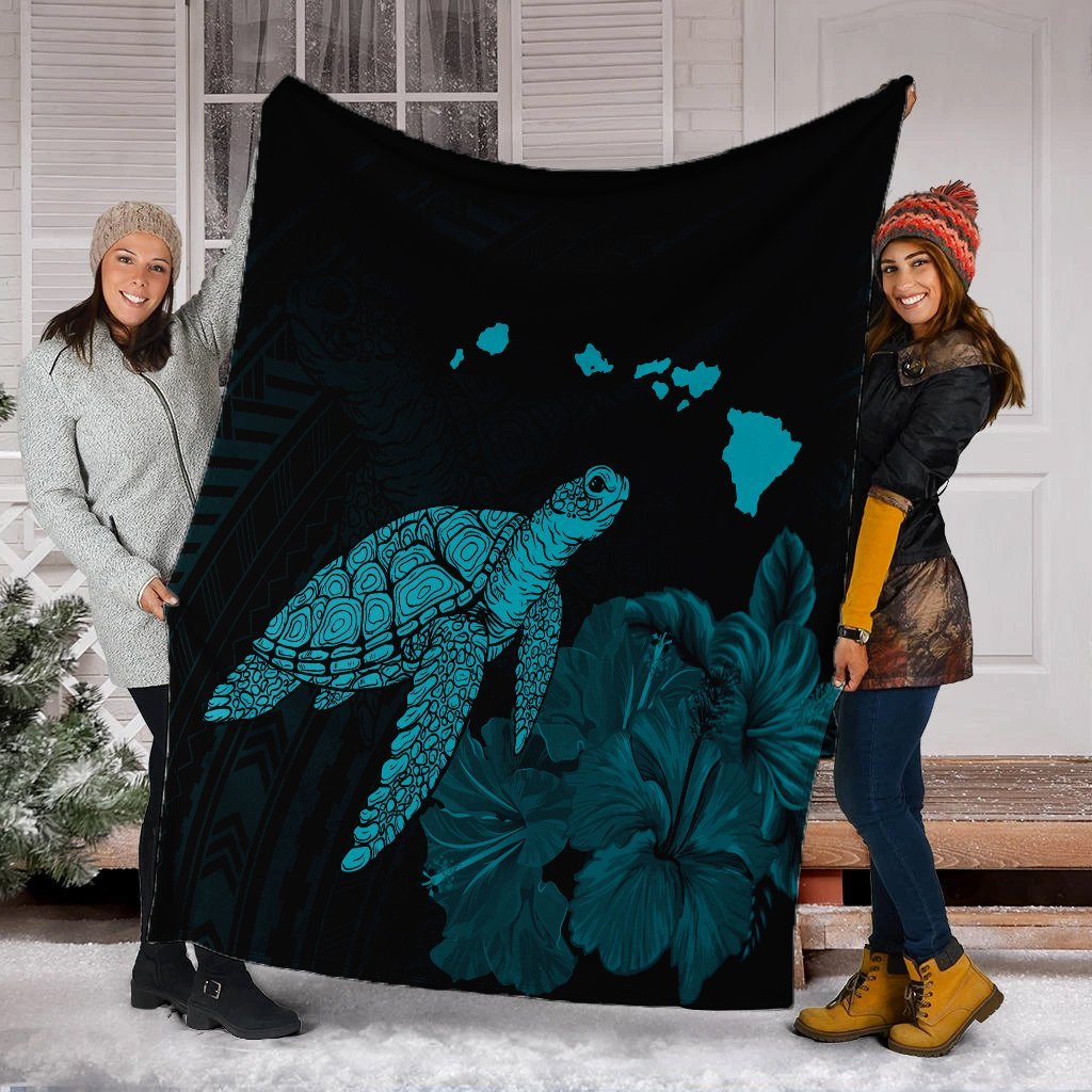 Hawaii Polynesian Hibiscus Turtle Map Premium Blankets Blue - AH - Polynesian Pride