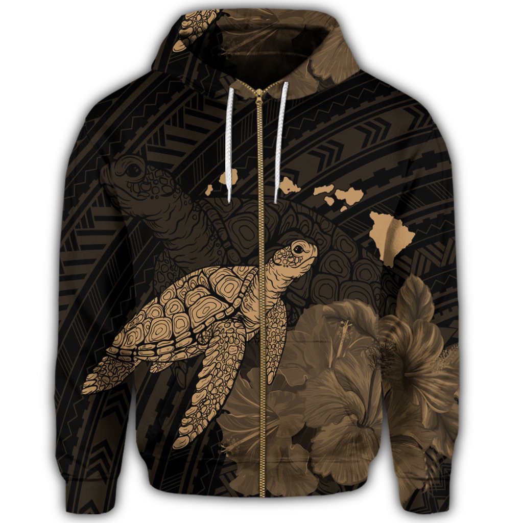 Hawaii Polynesian Hibiscus Turtle Map Zip Hoodie Gold - Polynesian Pride