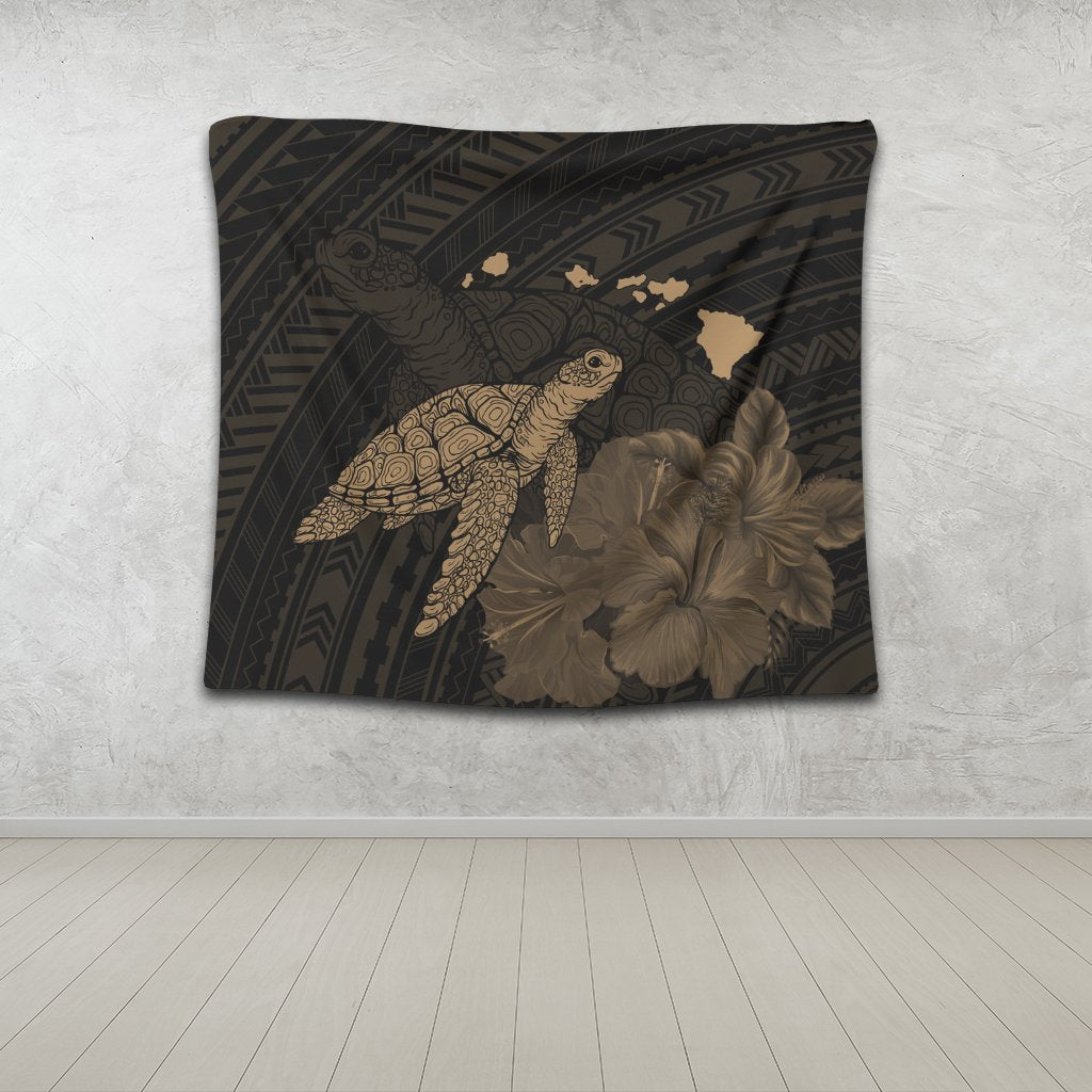 Hawaii Polynesian Hibiscus Turtle Map Tapestry Gold - AH - Polynesian Pride