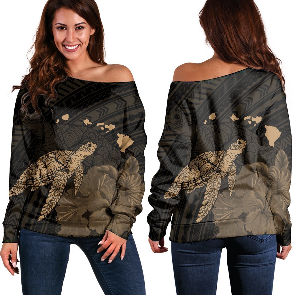 Hawaii Polynesian Hibiscus Turtle Map Women's Off Shoulder Sweater Gold - AH Black - Polynesian Pride