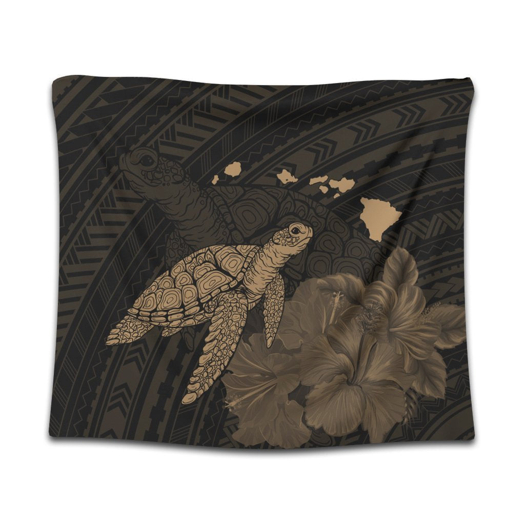 Hawaii Polynesian Hibiscus Turtle Map Tapestry Gold - AH Wall Tapestry Black - Polynesian Pride