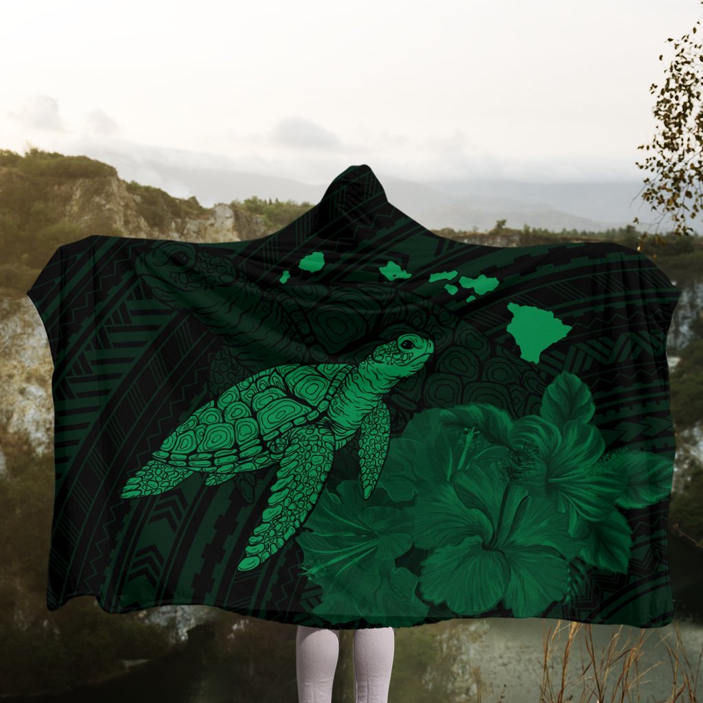 Hawaii Polynesian Hibiscus Turtle Map Hooded Blanket Green - AH - Polynesian Pride