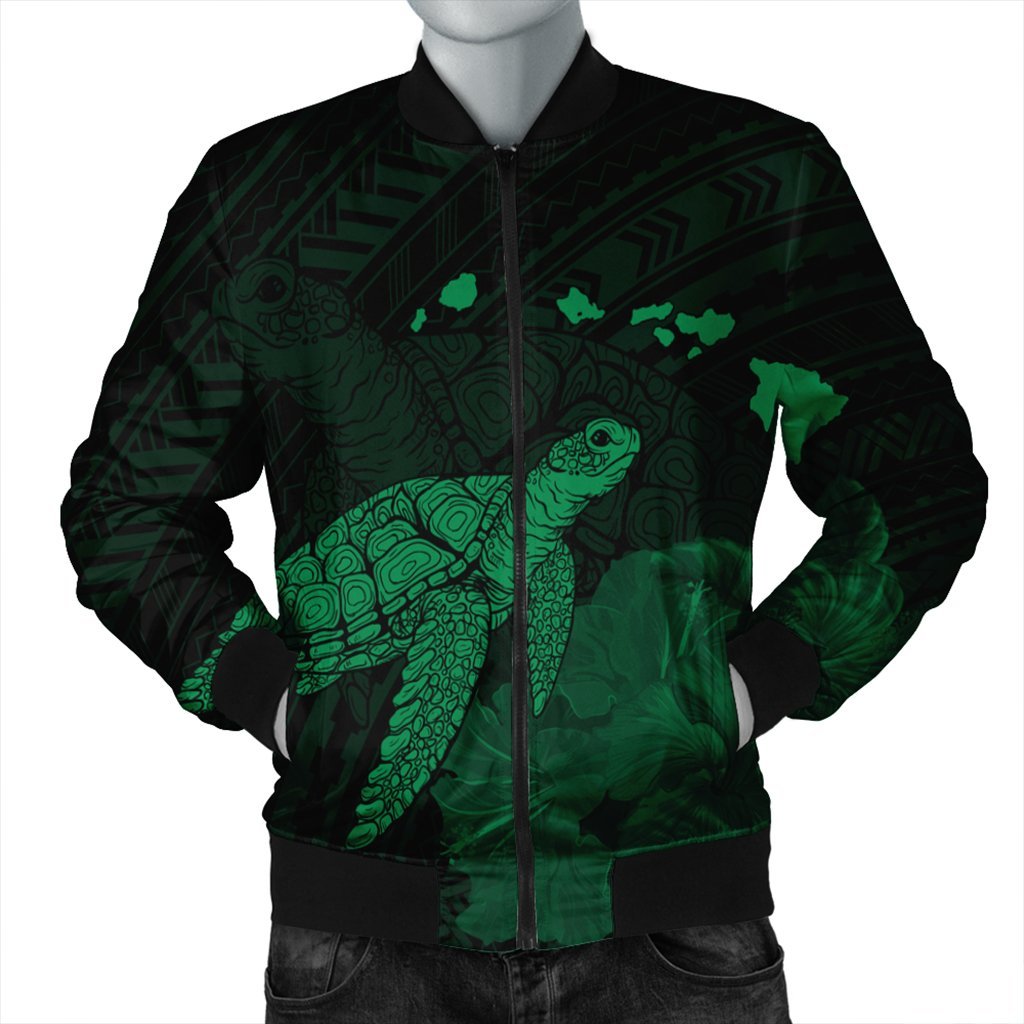 Hawaii Polynesian Hibiscus Turtle Map Bomber Jacket Green - AH Black Unisex - Polynesian Pride