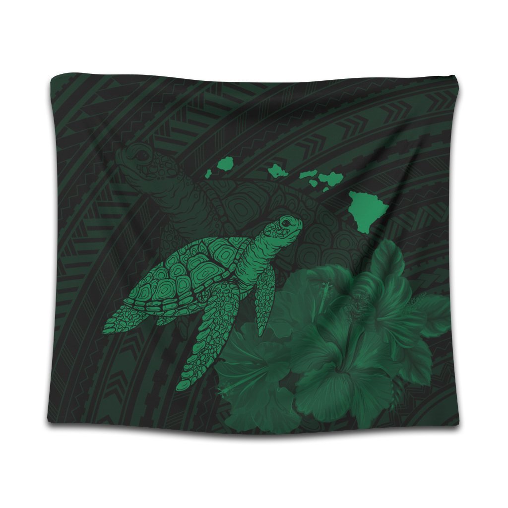 Hawaii Polynesian Hibiscus Turtle Map Tapestry Green - AH Wall Tapestry Black - Polynesian Pride