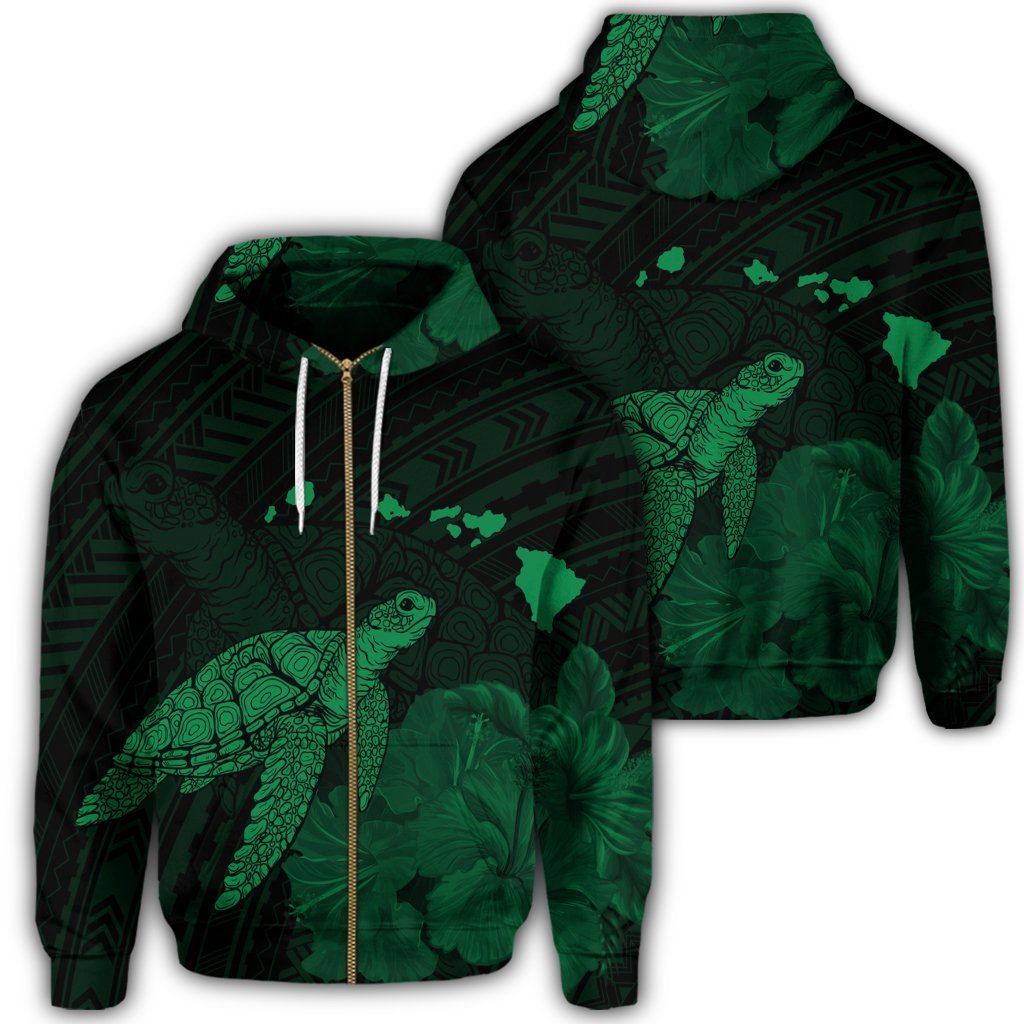 Hawaii Polynesian Hibiscus Turtle Map Zip Hoodie Green Unisex Art - Polynesian Pride